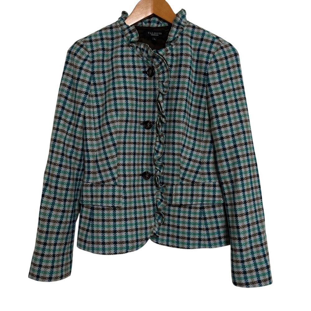 Talbots Wool Green Plaid Ruffle Trim Blazer Size 4